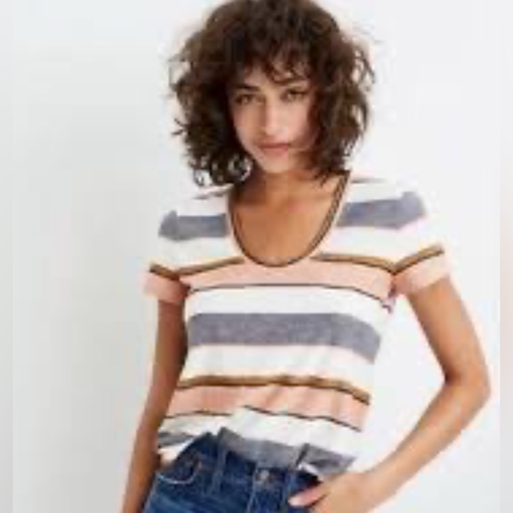 Madewell Striped Textured Cotton Short Sleeve Tee U Neck  Pink Gold Small NWT
